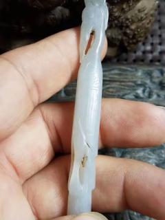 辽代老和田玉白玉簪子,海东青捕天鹅纹